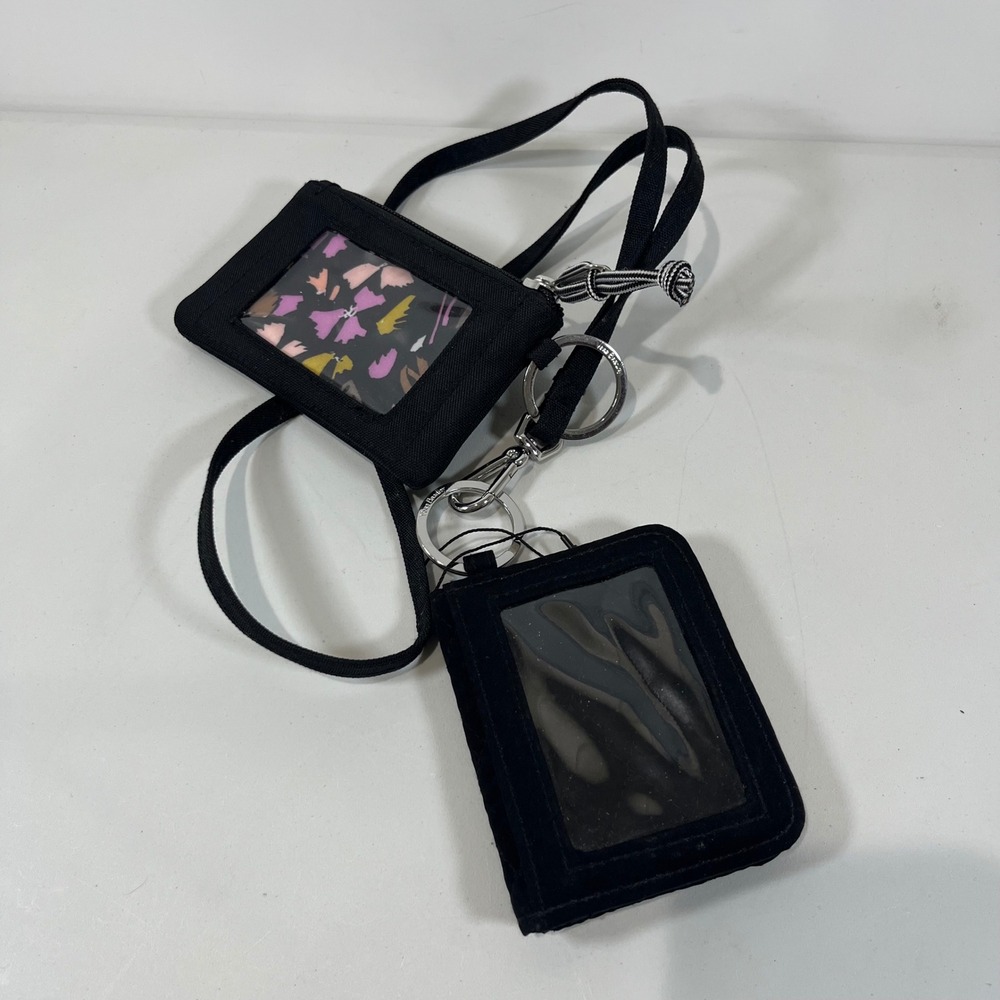Vera Bradley ID Case Wallet Lanyard Black Quilted Floral Gorpcore Travel School